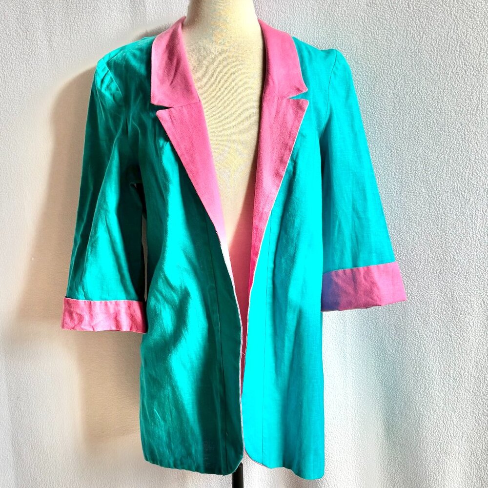 1980s Color Block Linen Blend Open Front Jacket Blazer